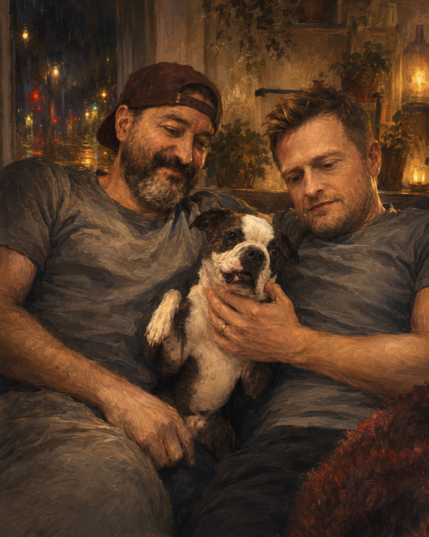 Two men and a Boston terrier together on a couch, city lights in the window behind