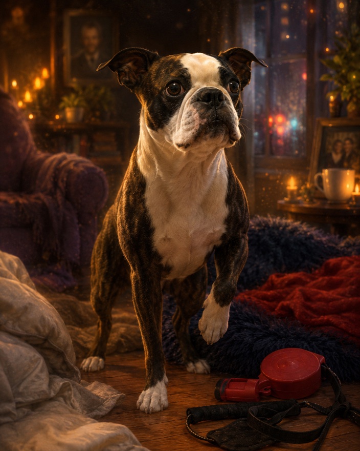 A small goblin dog sitting alone in a warm, lantern-lit magical room, watching
