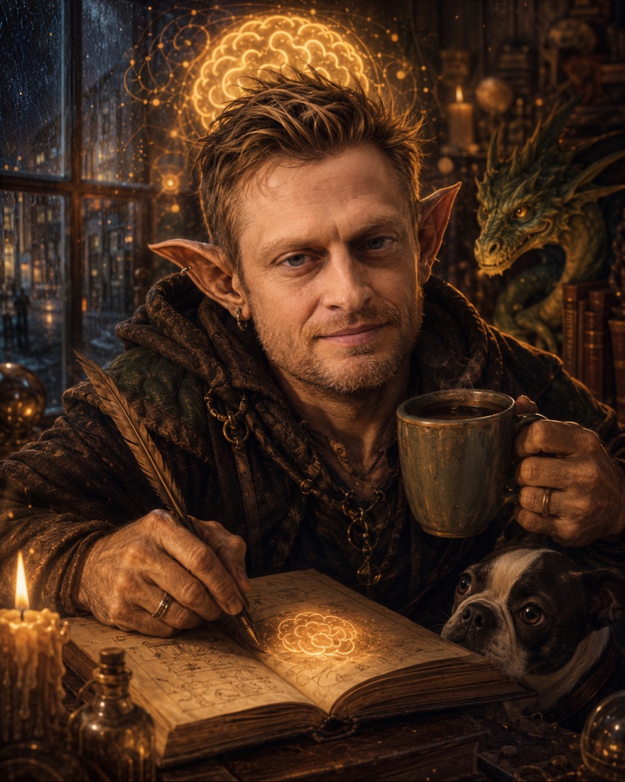 A goblin scholar at a desk by night, quill in hand over a glowing book, a small dragon and a dog nearby