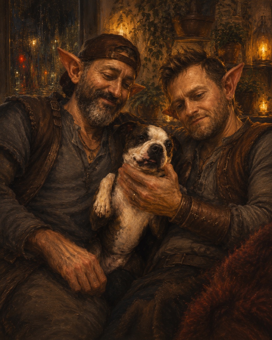 Two goblins and a small Boston terrier together, warmly lit