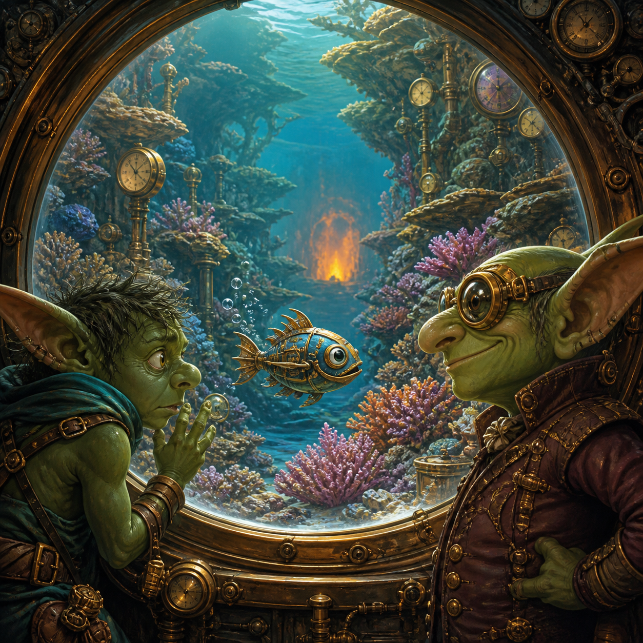 Goblins watching a small fish in a glass tank, an unseen field of harm spreading through the water